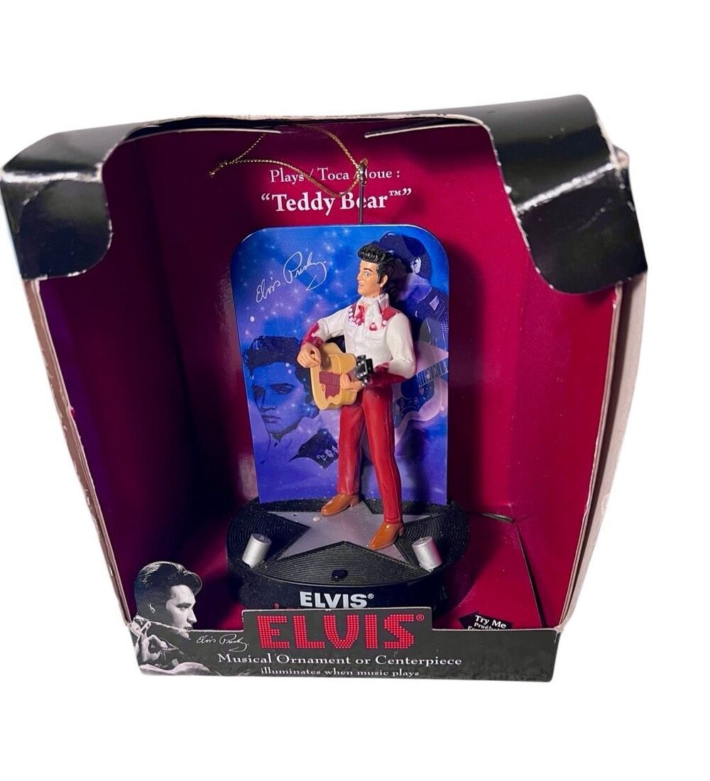 Vintage NIB Elvis Teddy Bear Musical Ornament Centerpiece Santa’s Best NOS